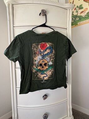 Empyre Dark Green Graphic Crop Top with Multicolor Skull Print